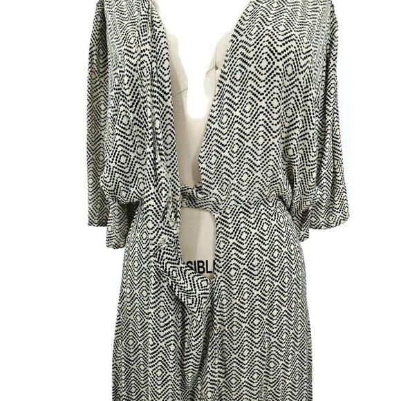 BeachGold Rayon Midi Dress Womens M Surplice Wrap Bodice Blue Ivory - Picture 6 of 9